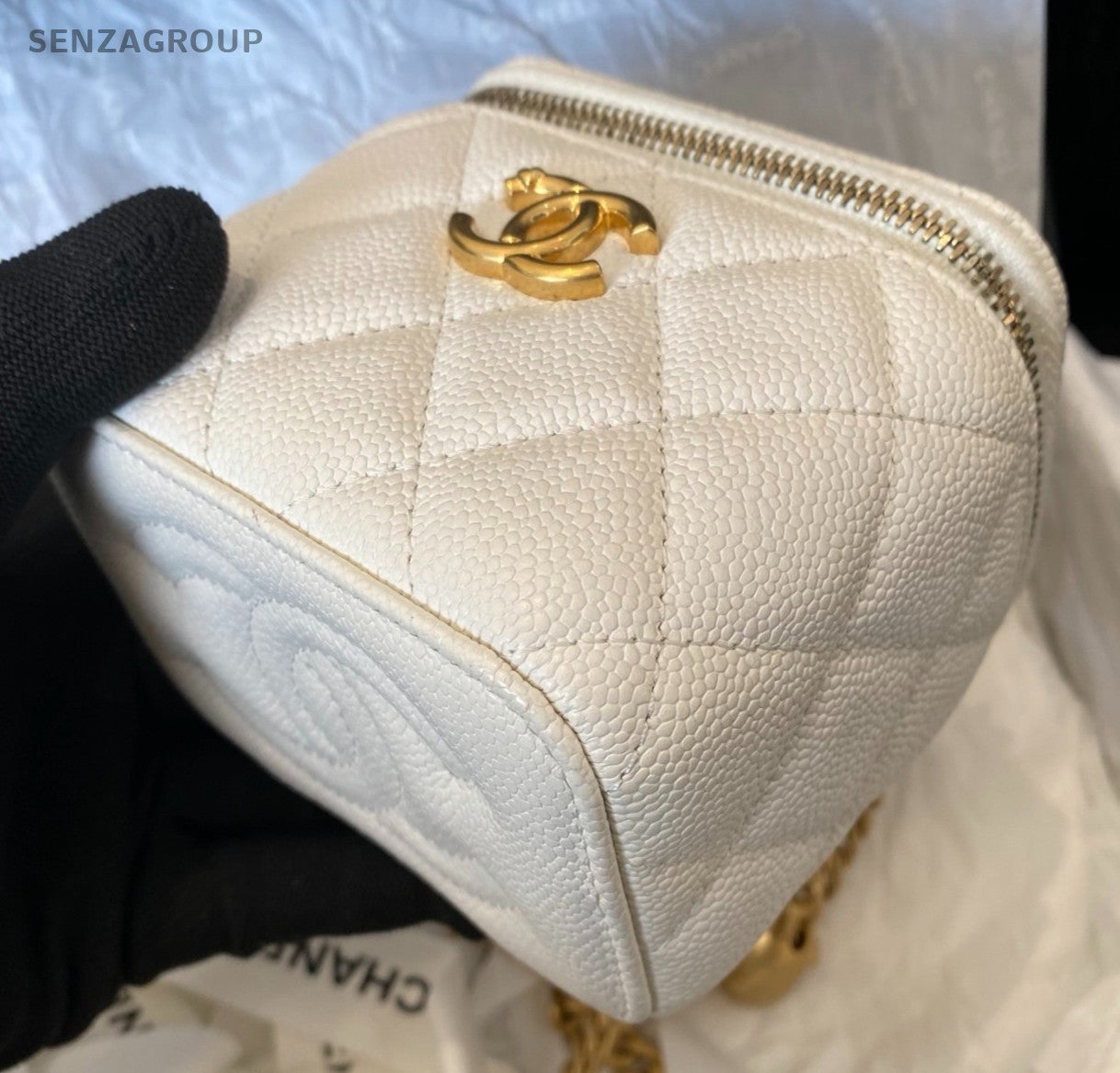 Chanel Vanity Case Calfskin Chain Shoulder Bag Crossbody White Gold Women