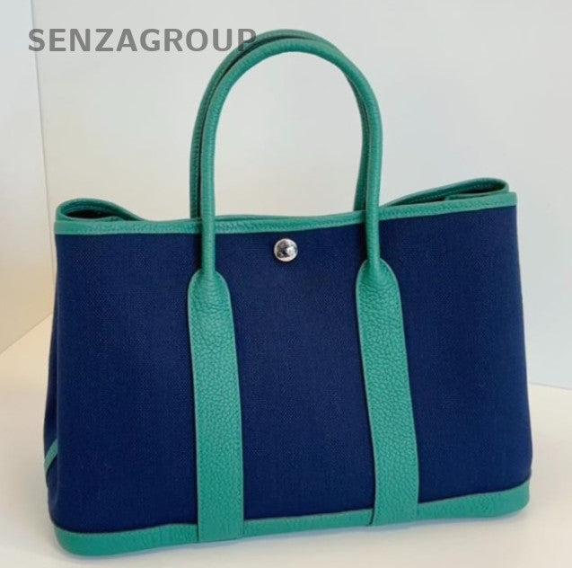 Hermes Garden Party30 Top Handle Bag Green Blue Silver Used Women Classic