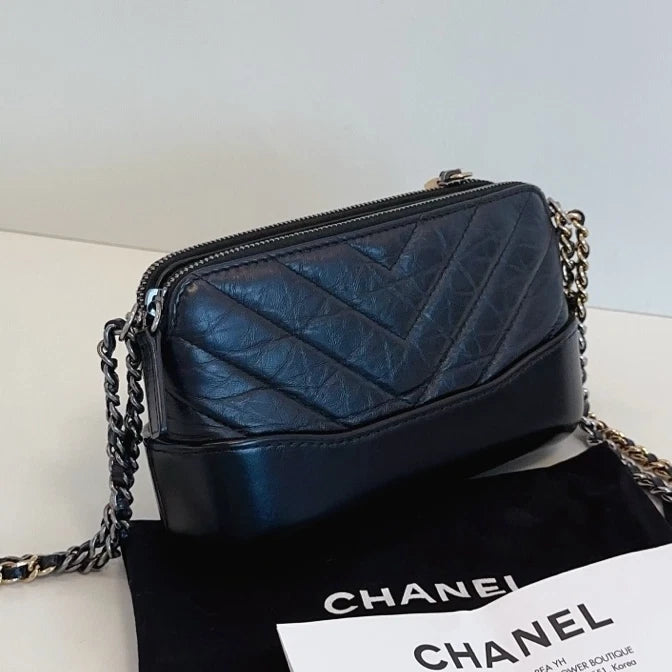 Chanel Gabrielle Chain Shoulder Bag Crossbody Black Gold Chevron Women Classic