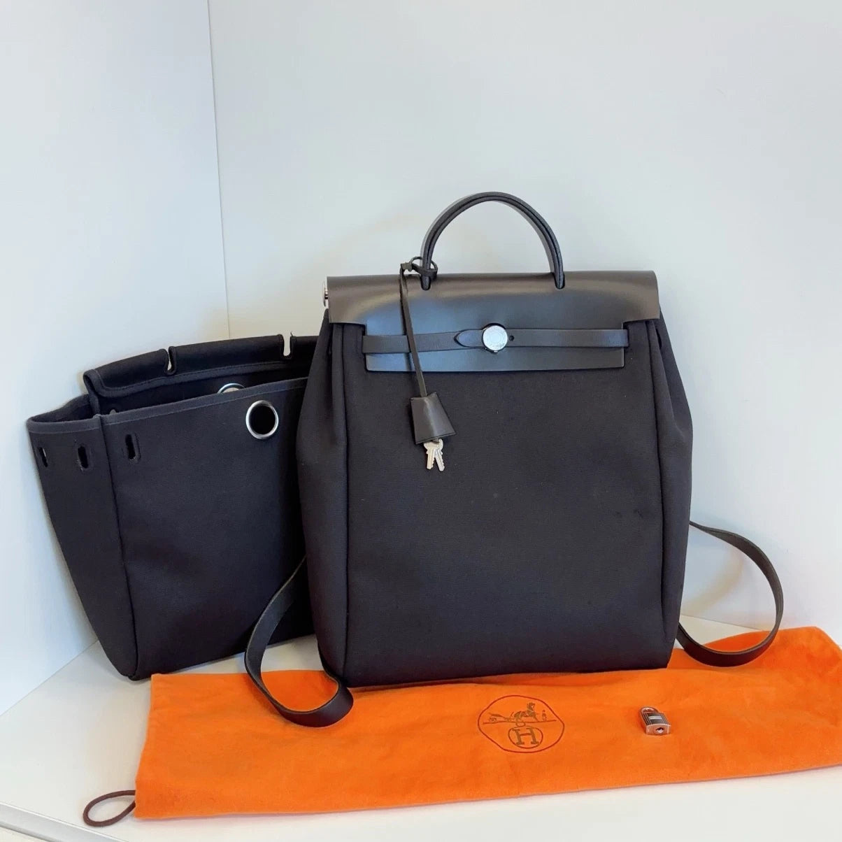 Hermes Herbag So Black Canvas Backpack Black Silver Unisex Adults Classic