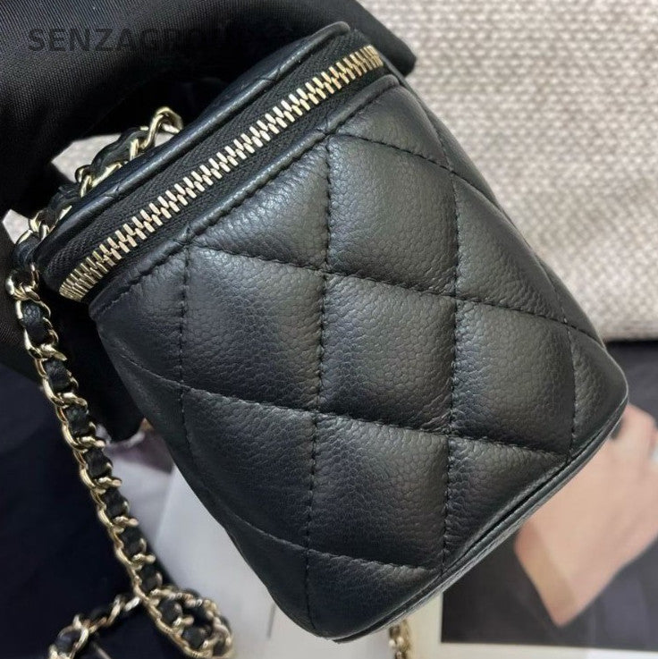 Chanel Diamond Chain Calfskin Box Crossbody Black Gold Women Classic Fashion