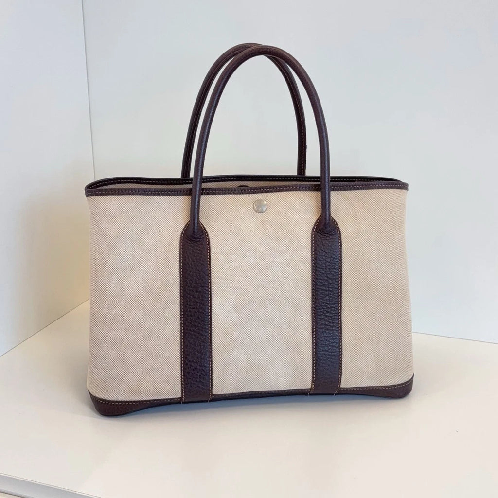 Hermes Garden Party 36 Canvas Tote Top Handle Bag Beige Black Women Classic