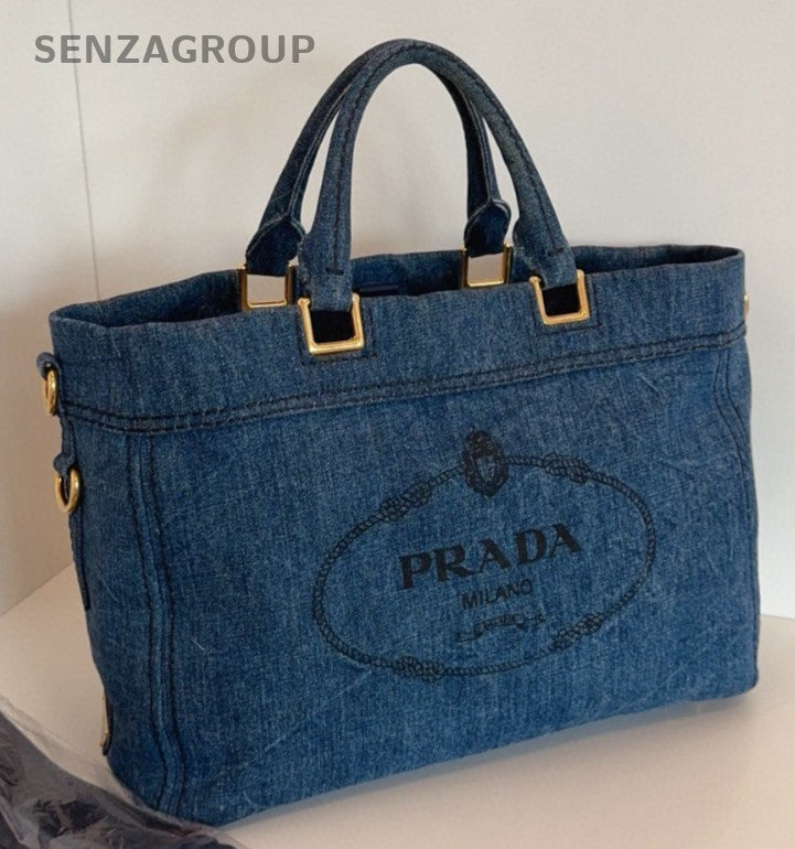 Prada Denim Tote 2Way Top Handle Bag Shoulder Bag Blue Gold Women Classic