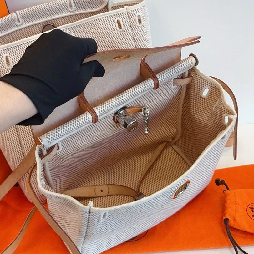 Hermes Herbag31 Backpack Canvas Ivory Brown Silver Hardware Women Classic