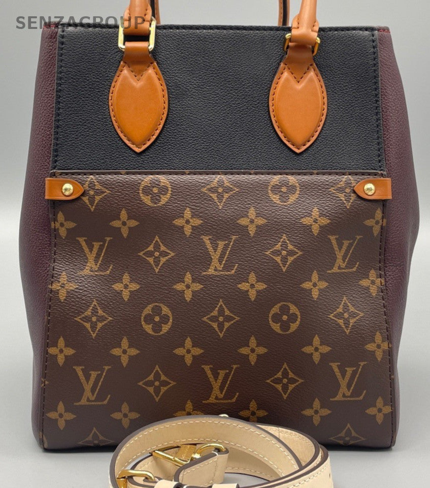 Louis Vuitton Monogram Fold Tote Handbag Crossbody Brown Gold Women Classic
