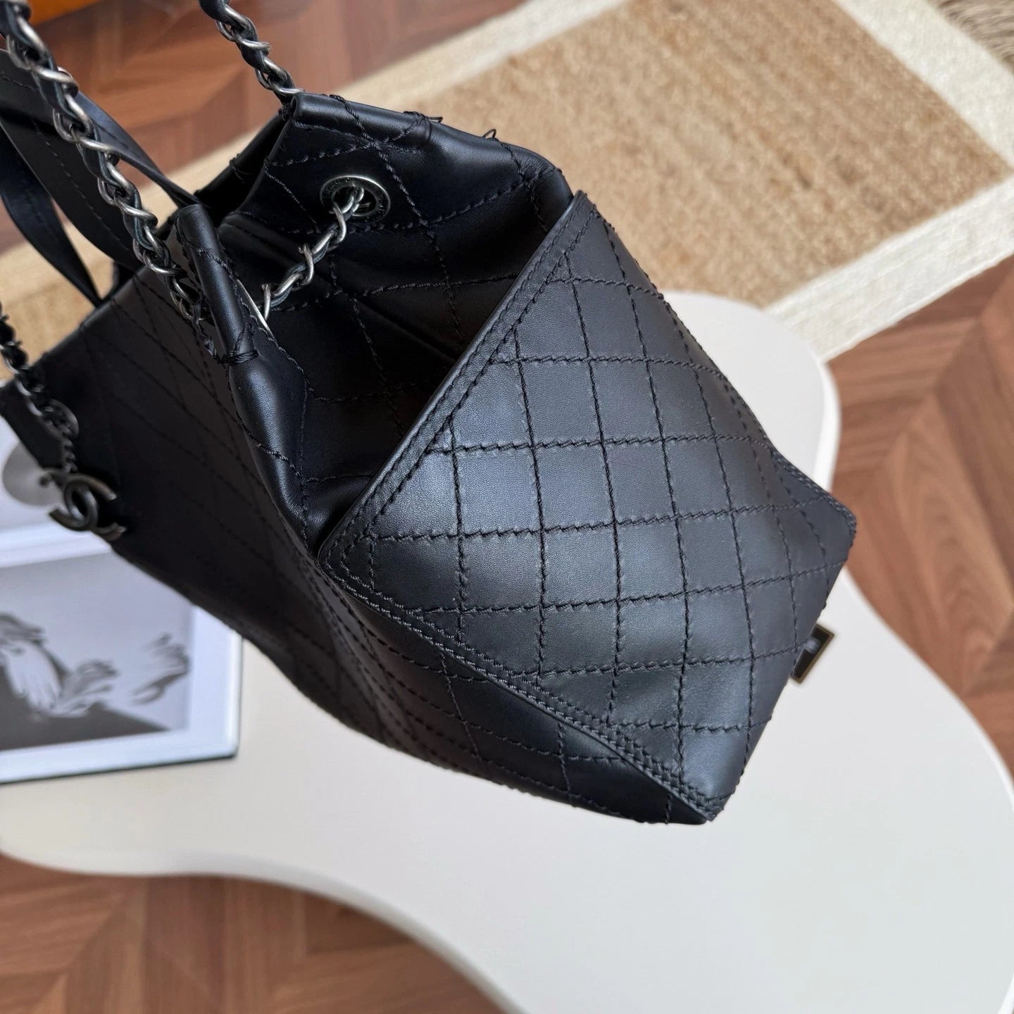 Chanel Diamond Calfskin Tote Chain Top Handle Shoulder Bag Black Silver