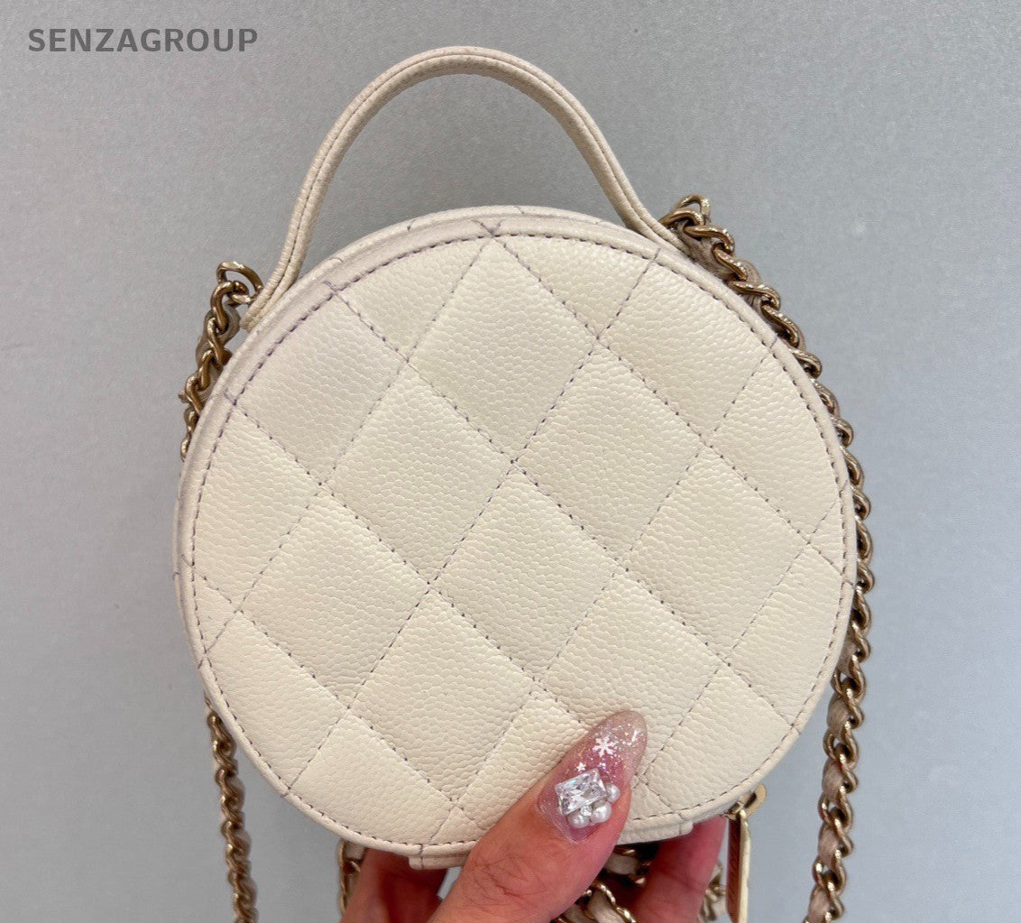 Chanel Diamond Calfskin Mini Round Bag Chain Crossbody White Gold Women Classic