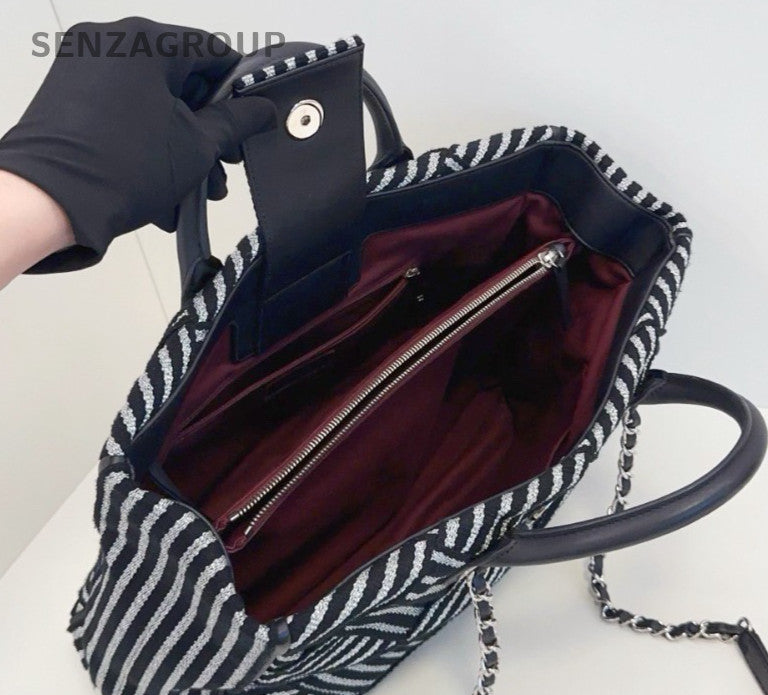 Chanel Tote Chain Shoulder Bag Top Handle Bag Black White Silver Women Classic