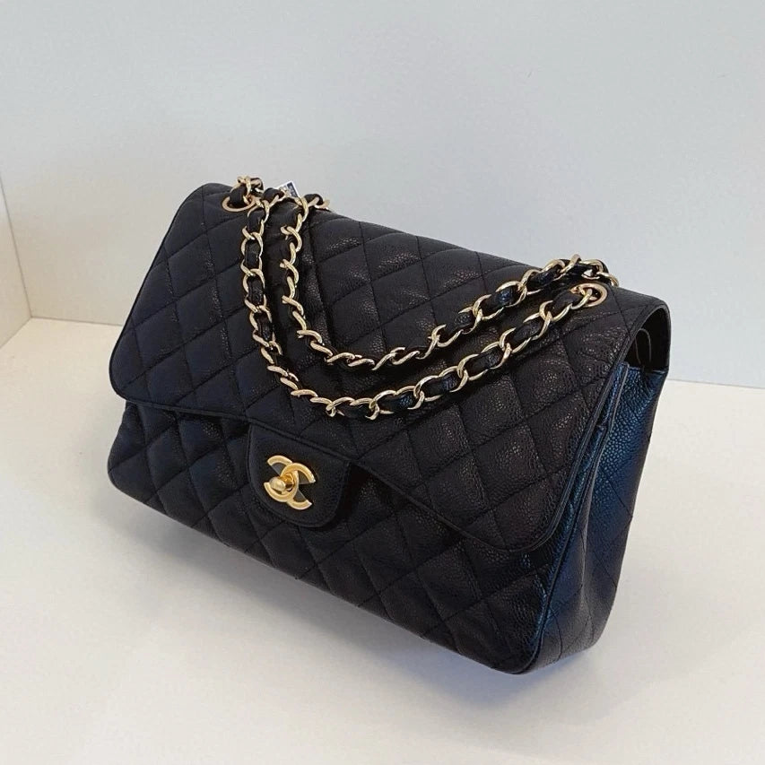 Chanel Classic Flap Jumbo Chain Shoulder Bag Crossbody Black Gold Women Fashion