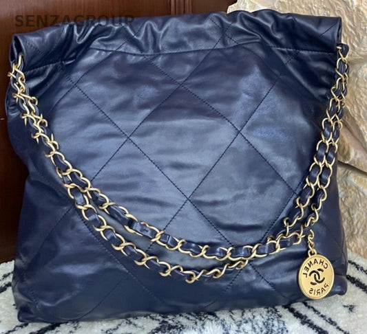 Chanel 22PM Chain Shoulder Bag Crossbody Blue Gold Diamond Women Classic