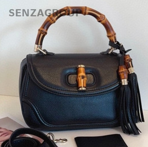 Gucci Bamboo Calfskin Fringed Top Handle Bag Crossbody Black Gold Women Classic