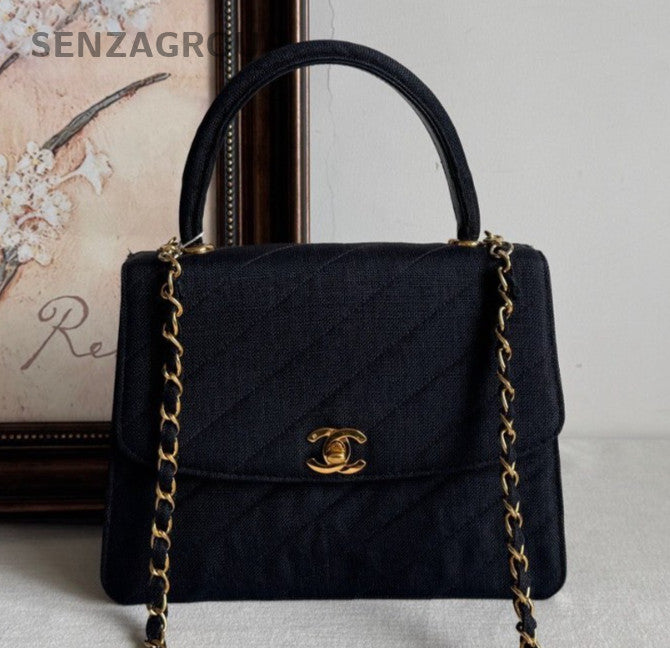 Chanel Kelly Vintage Chain Crossbody Top Handle Bag Black Gold  Women Classic