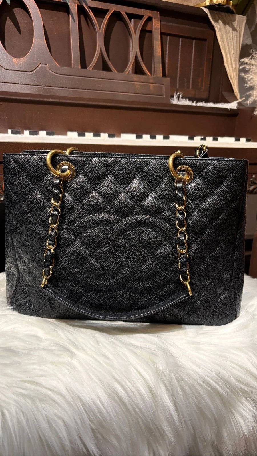 CHANEL GST Black Gold Leather Shoulder Handbag Tote For Women