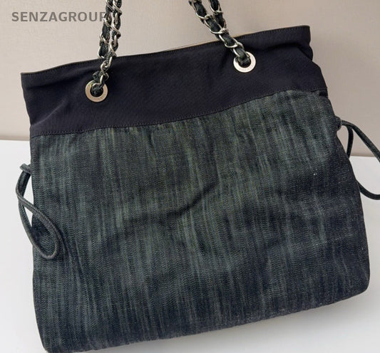 Chanel Denim CC Logo Tote Chain Shoulder Bag Black Silver Women Classic