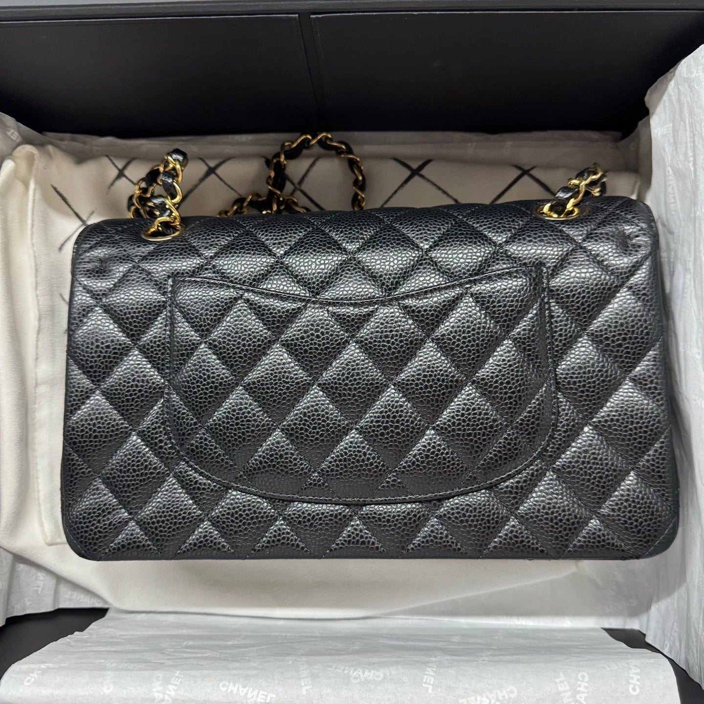 CHANEL CF Medium Black Gold Caviar Leather Shoulder Bag For Women