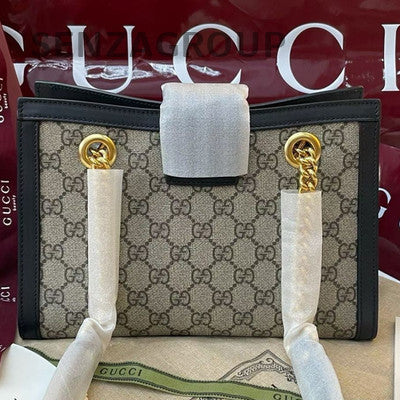 Gucci Padlock Shoulder Bag Beige Black Gold Hardware Women's Fashion