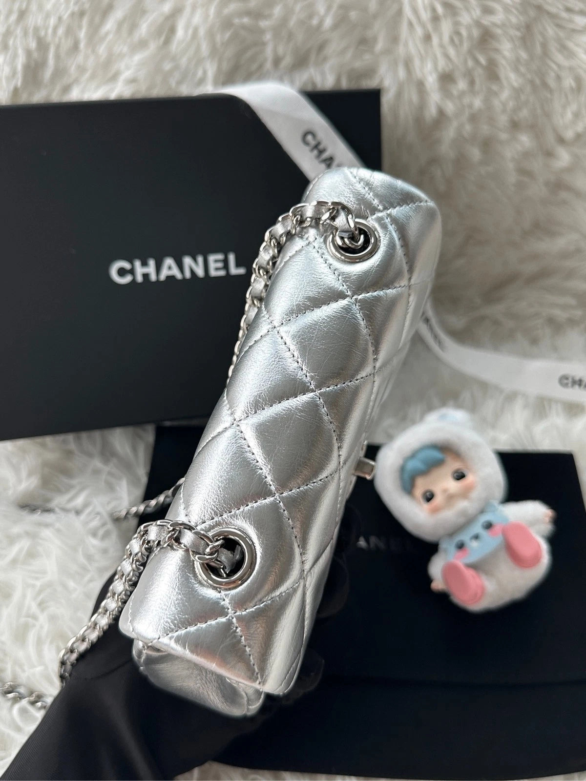CHANEL Silver CF Mini Calfskin Flap Shoulder Crossbody Bag For Women