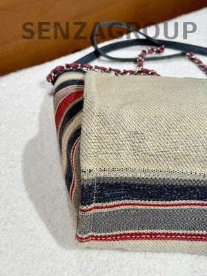 Chanel Beige Striped Tote Beach Bag Chain Strap Shoulder Bag Women