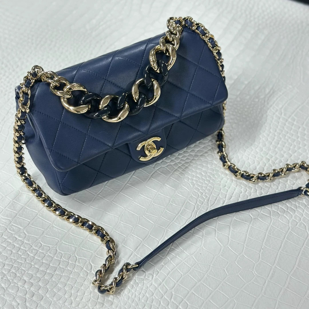 Chanel Calfskin Chain 2Ways Top Handle Bag Crossbody Navy Gold Women Classic S