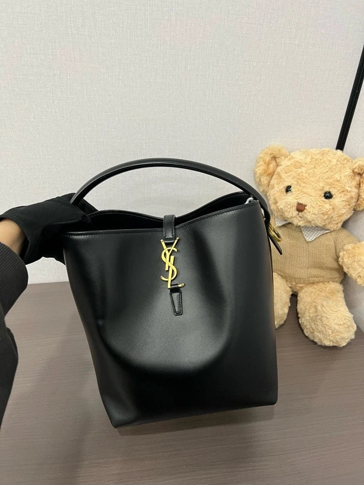 YSL Black Calfskin Hobo Bucket Bag For Women