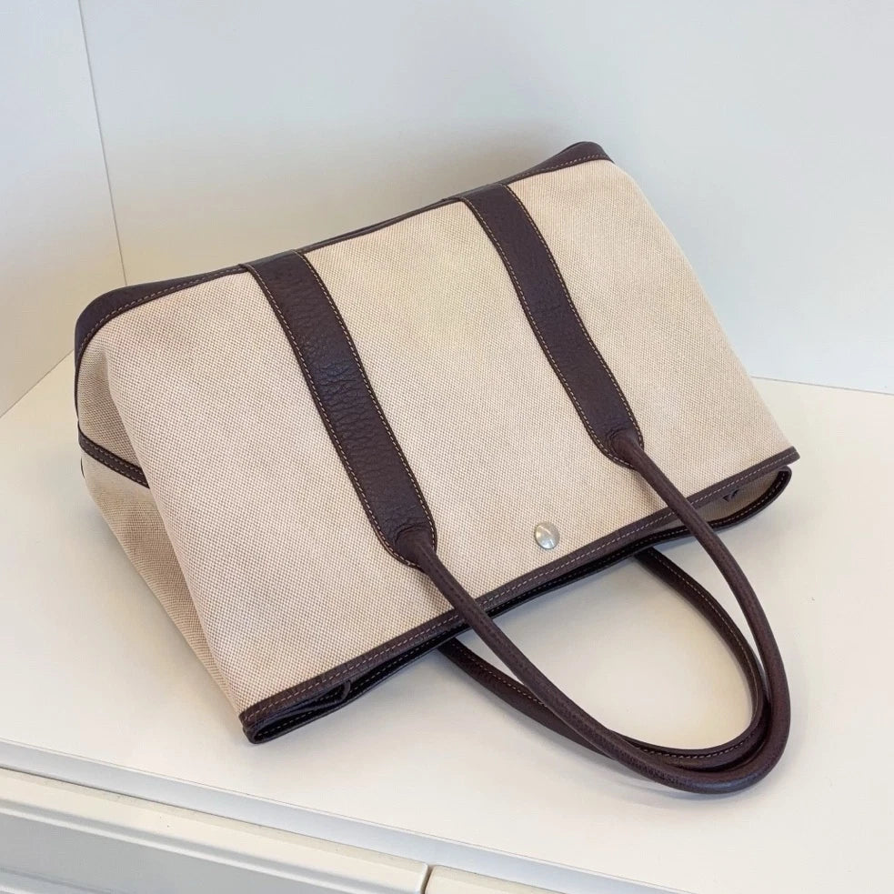 Hermes Garden Party 36 Canvas Tote Top Handle Bag Beige Black Women Classic