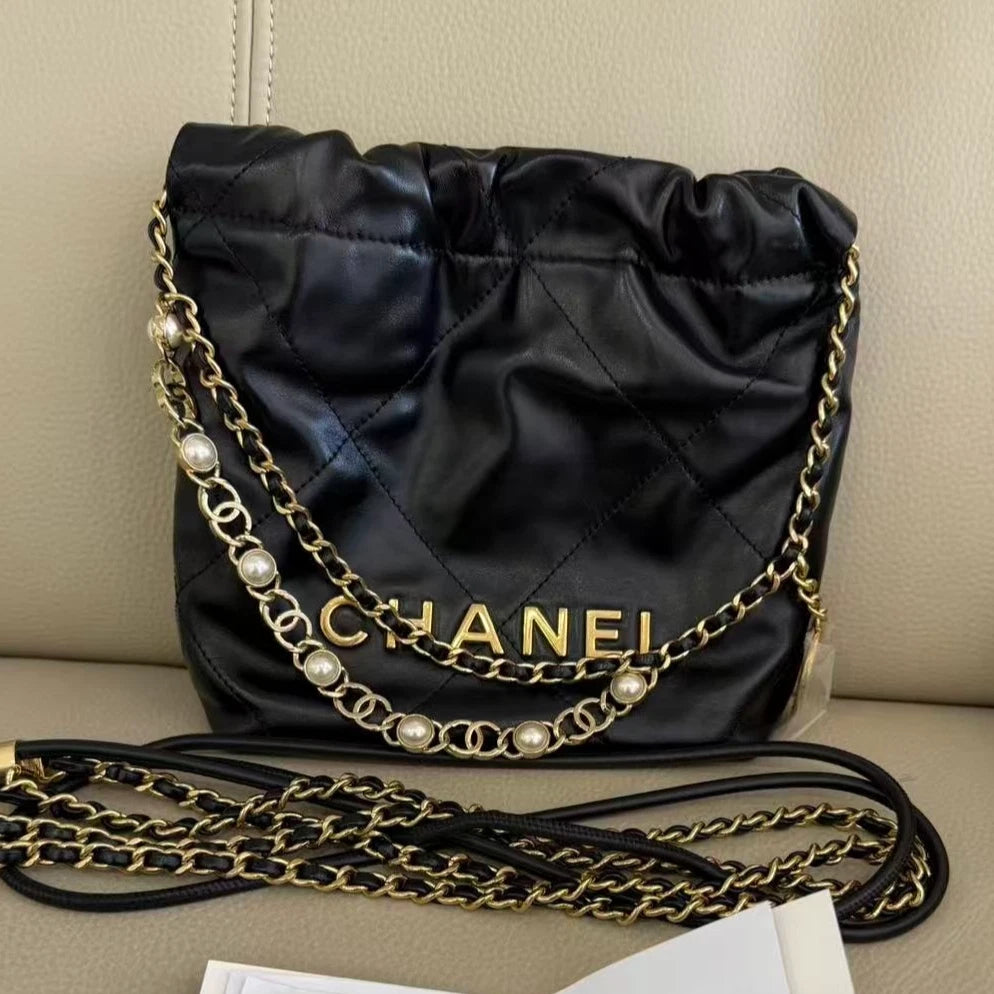 CHANEL 22 Bag Mini Nylon Black Gold Pearl Chain Tote For Women