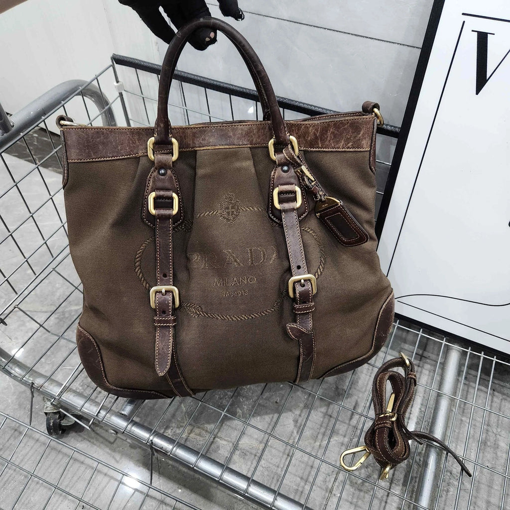 PRADA Dark Brown Canvas Tote Shoulder Crossbody Handbag Women