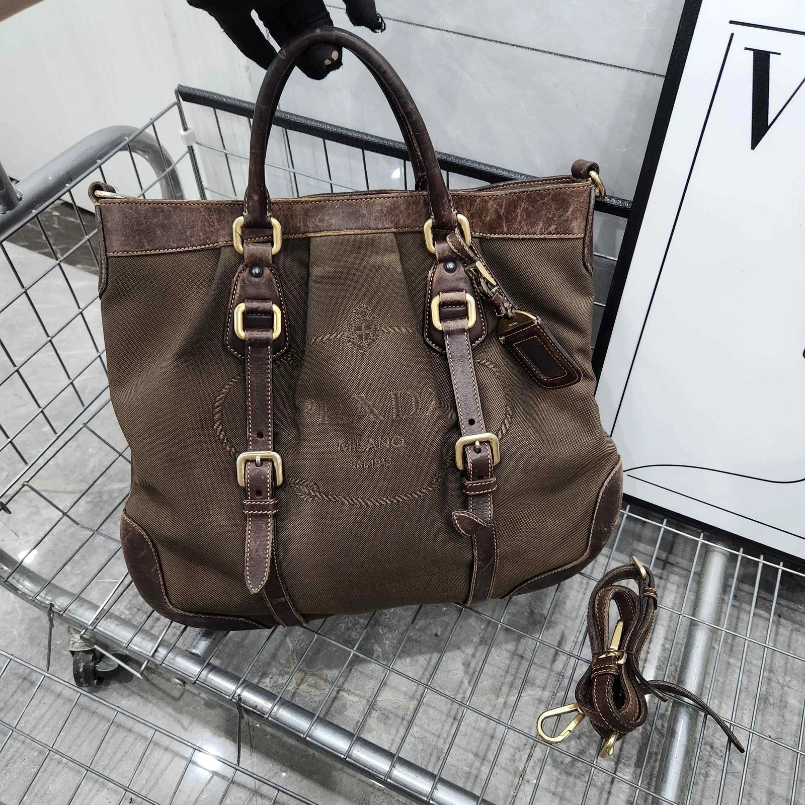 PRADA Dark Brown Canvas Tote Shoulder Crossbody Handbag Women