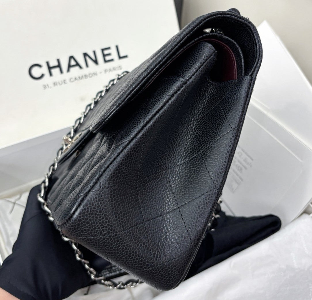 Chanel Classic Flap Jumbo Calfskin Chain Shoulder Bag Black Silver Women Fashion