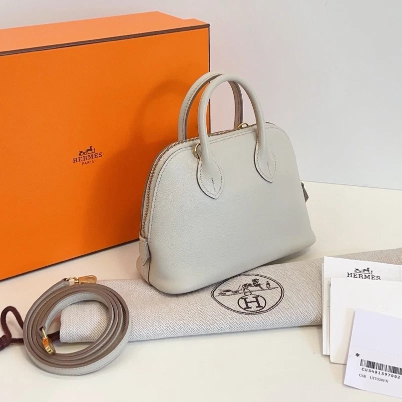 Hermes Bolide Mini Top Handle Crossbody White Silver Women Classic Fashion