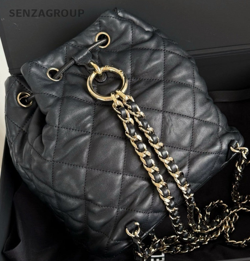 Chanel 23B Diamond Chain Drawstring Backpack Black Gold Women Classic Fashion