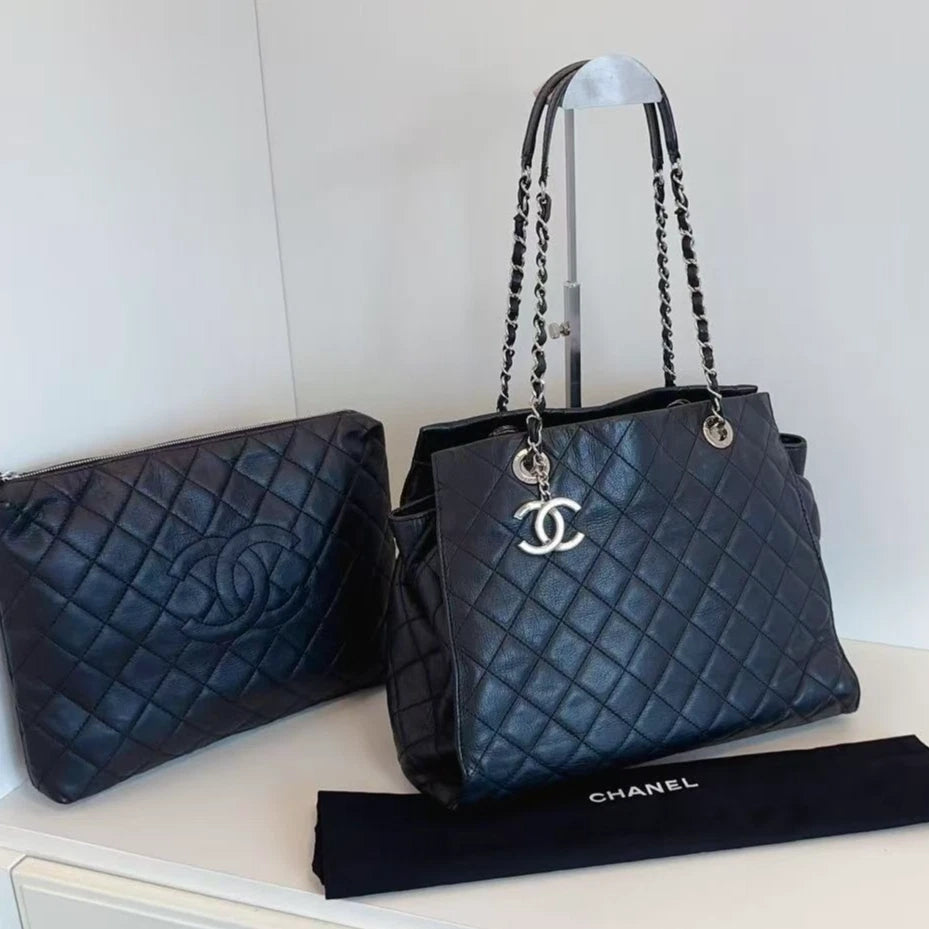 Chanel Calfskin Tote Chain Shoulder Bag Black Silver Diamond Women Classic