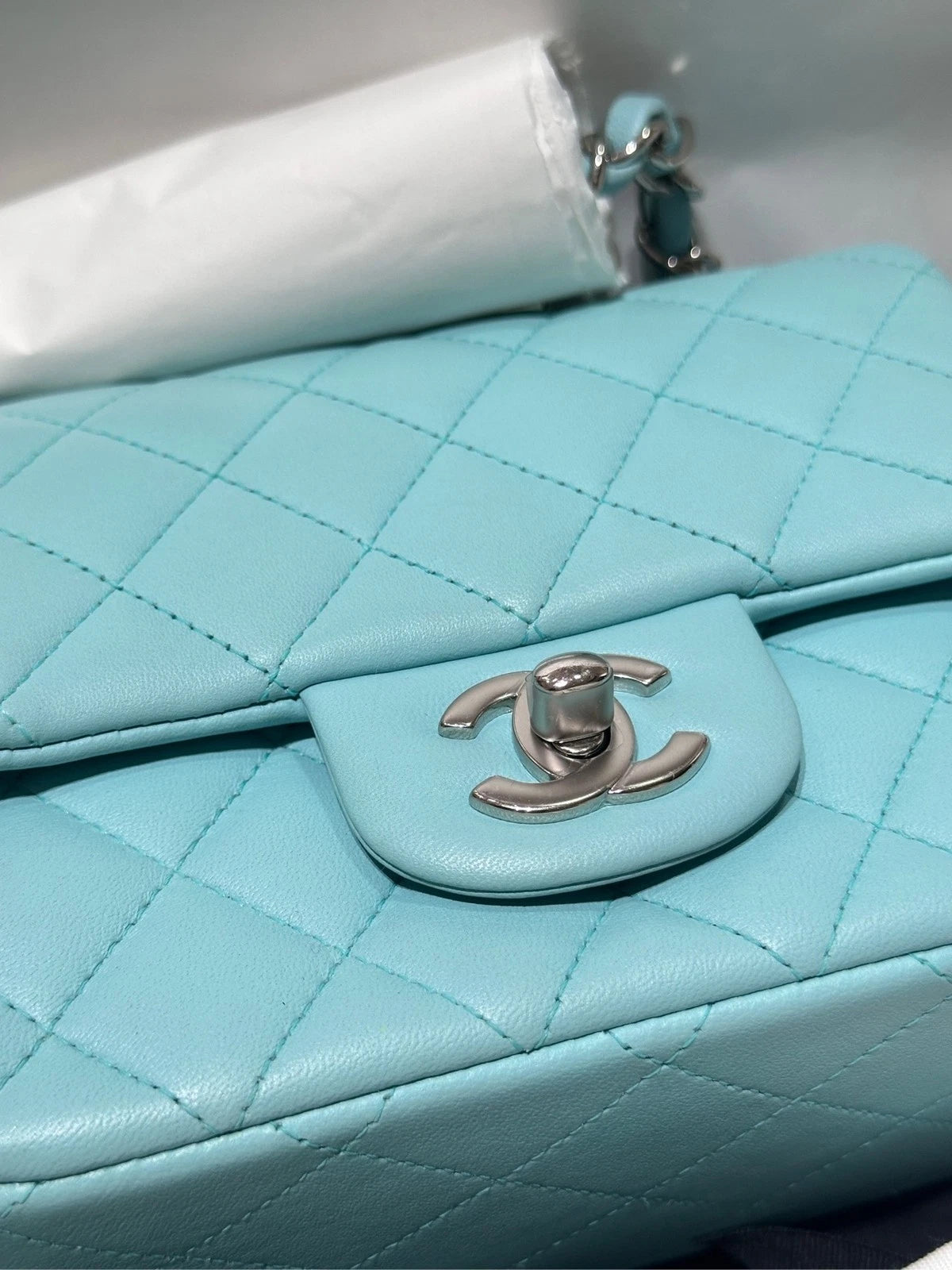 Chanel Tiffany Blue Calfskin Square Crossbody Bag For Women