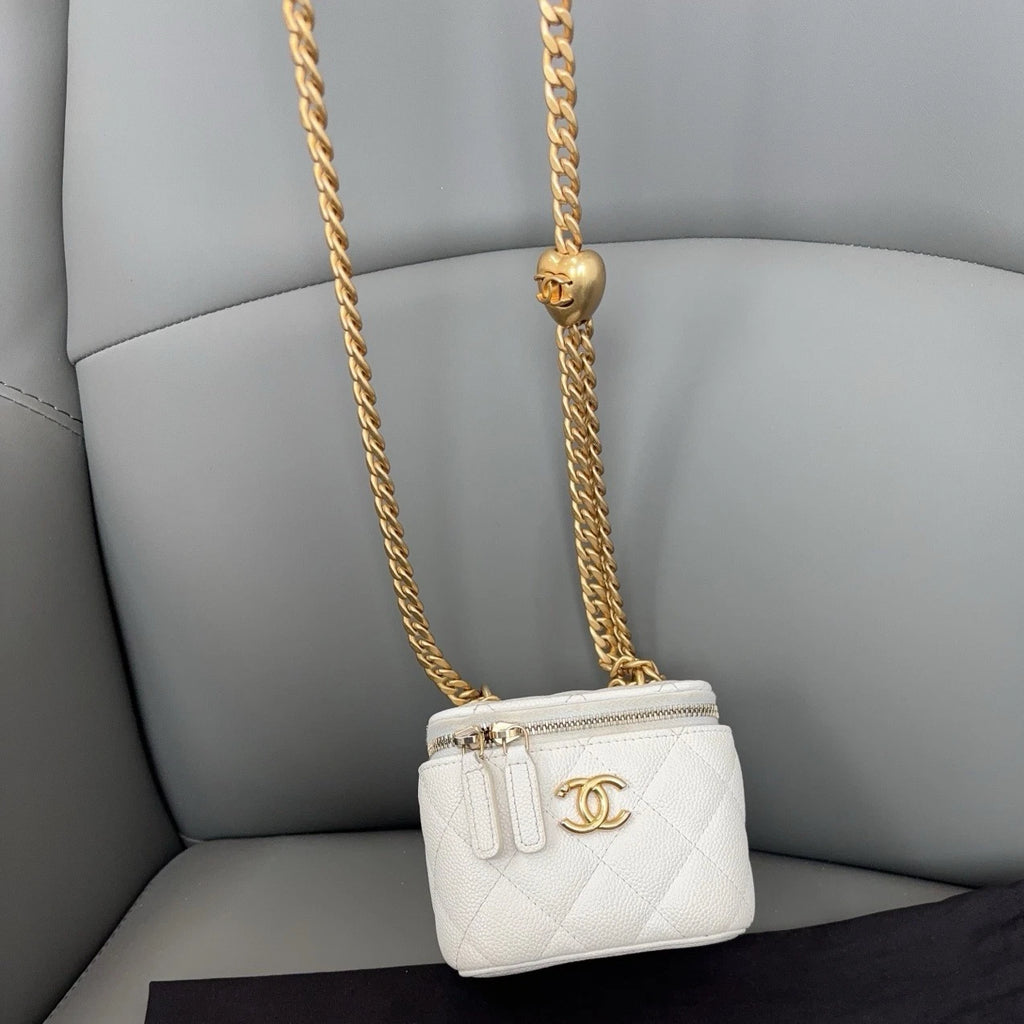 Authentic Chanel Chain Box Calfskin Shoulder Crossbody Bag White GHD