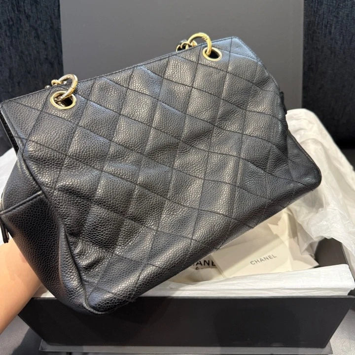 Chanel Calfskin Tote Chain Diamond Shoulder Bag Black Gold Women Classic D