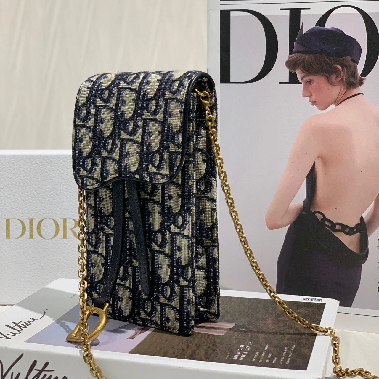 Dior Canvas Vertical Saddle Monogram Chain Phone Crossbody Women