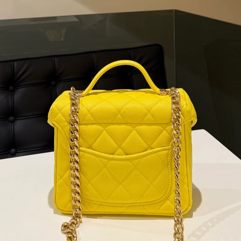 CHANEL Lemon Yellow Box Top Handle Crossbody Bag Diamond Women Classic