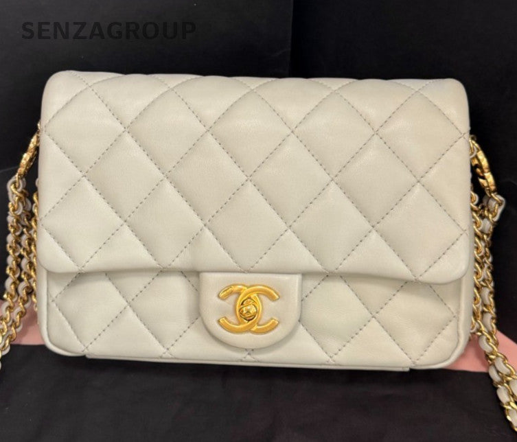 Chanel Classic Flap Mini Lambskin Chain Crossbody Shoulder Bag White Gold Women