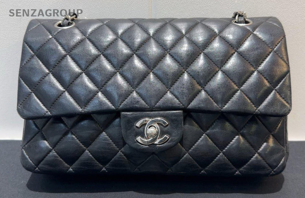 Chanel Classic Flap MM Lambkin Chain Shoulder Bag Black Silver Women Diamond