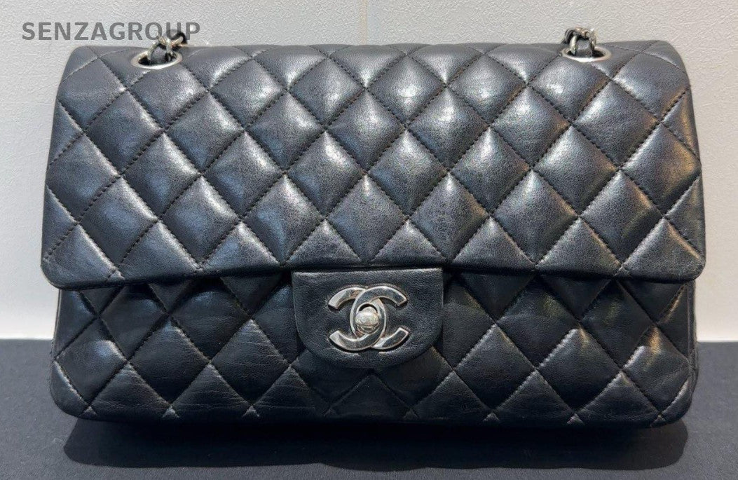 Chanel Classic Flap MM Lambkin Chain Shoulder Bag Black Silver Women Diamond