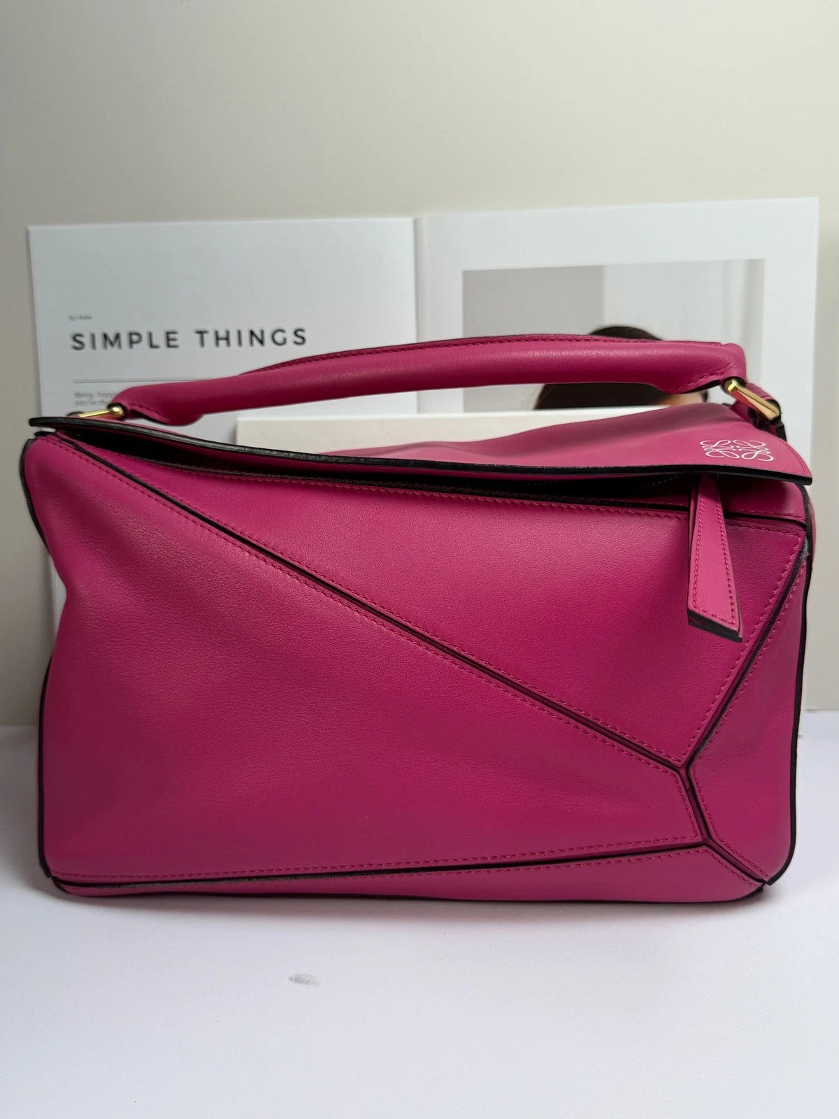 Loewe Puzzle MM Top Handle Shoulder Bag Crossbody Fuchsia Gold Women Classic