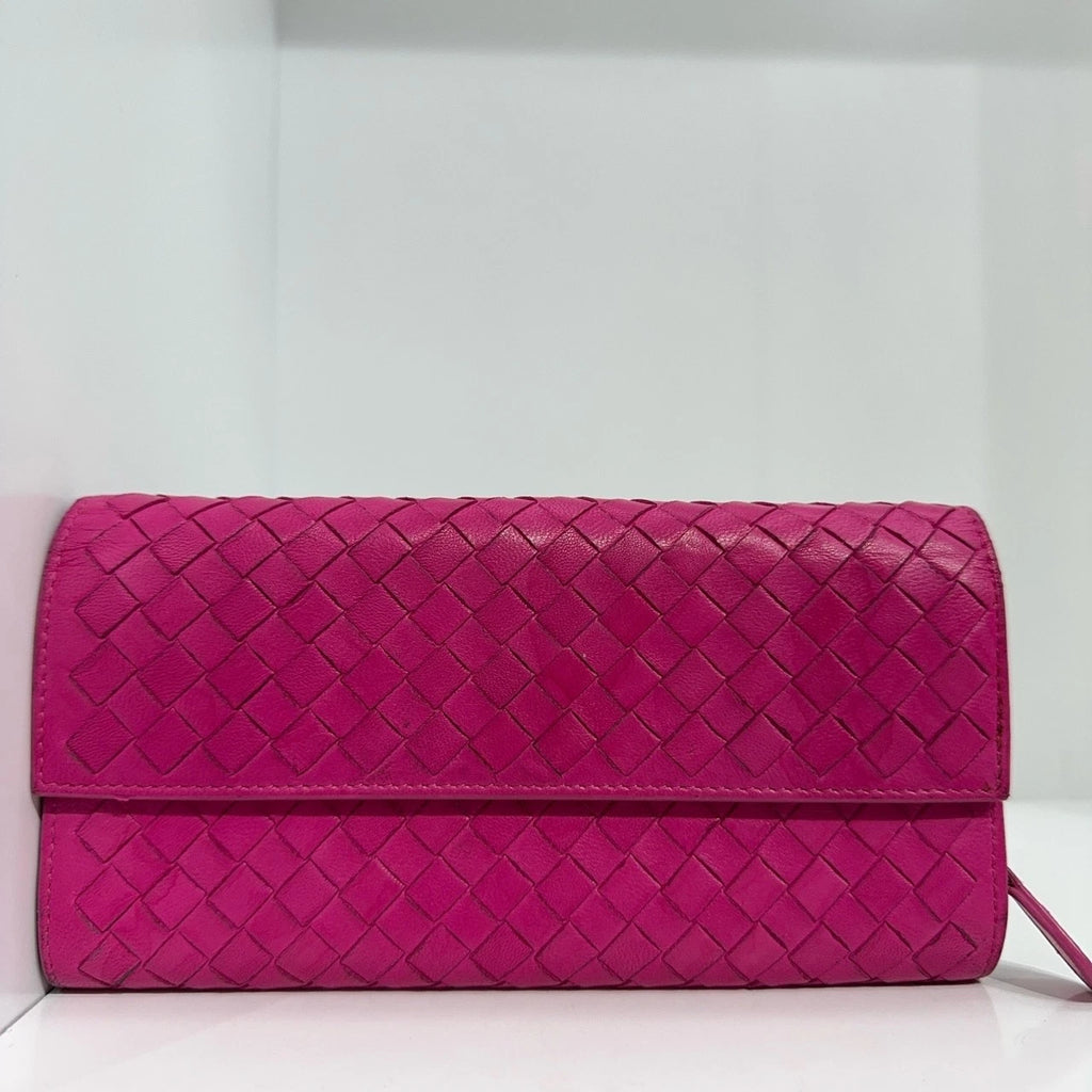 Bottega Veneta Woven Lambskin Snap Flap Long Wallet For Women Pink