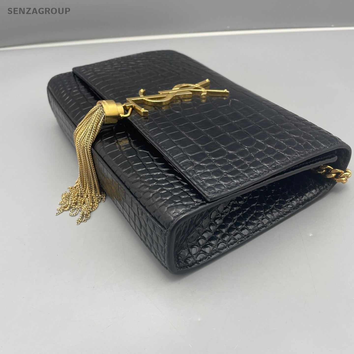 YSL Saint Laurent Kate PM Alligator pattern Chain Shoulder bag Black Gold Women