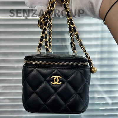 Chanel Classic Black Gold Pearl Chain Mini Square Crossbody Bag