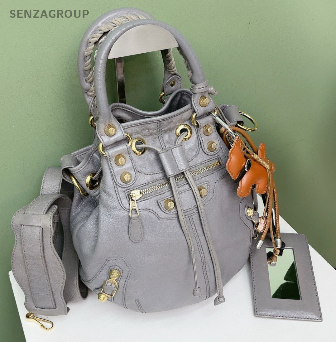 Balenciaga City Bag Bucket Gray Gold Top Handle Bag Crossbody Women Fashion