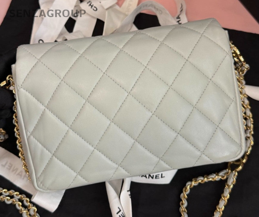 Chanel Classic Flap Mini Lambskin Chain Gray Gold Shoulder Bag Women Fashion