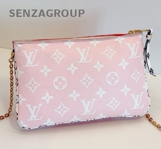 Louis Vuitton Pochette Double Zip Chain Shoulder Bag Red Gold Women Classic