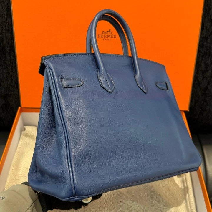 Hermes Birkin 25 Tote Swift Top Handle Bag Blue Gold Hardware Women D