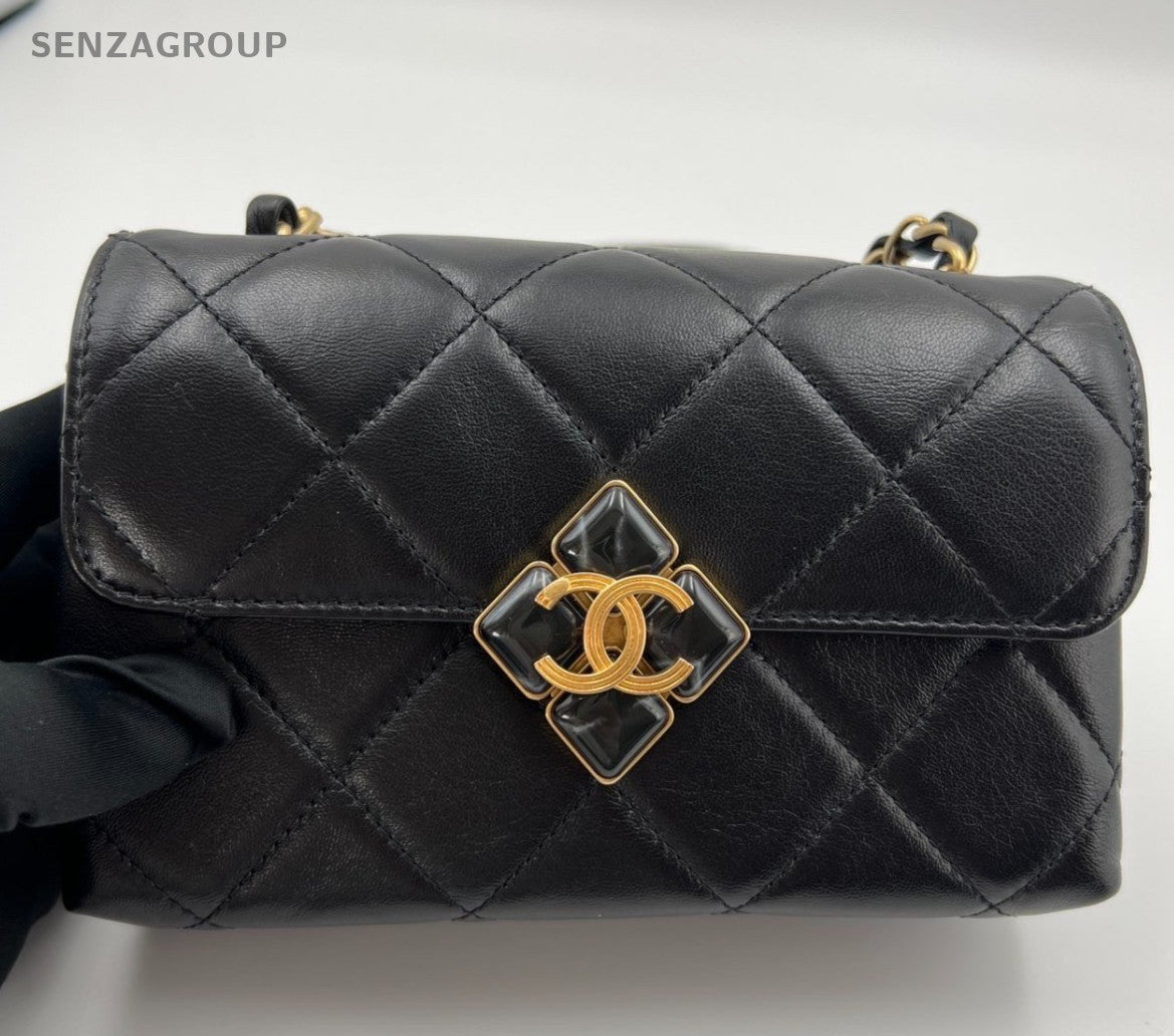 Chanel Diamond Lambskin Mini Chain Shoulder Bag Crossbody Black Gold Women