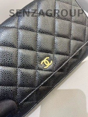 Chanel Caviar Leather Black Gold WOC Quilted Chain Crossbody Bag